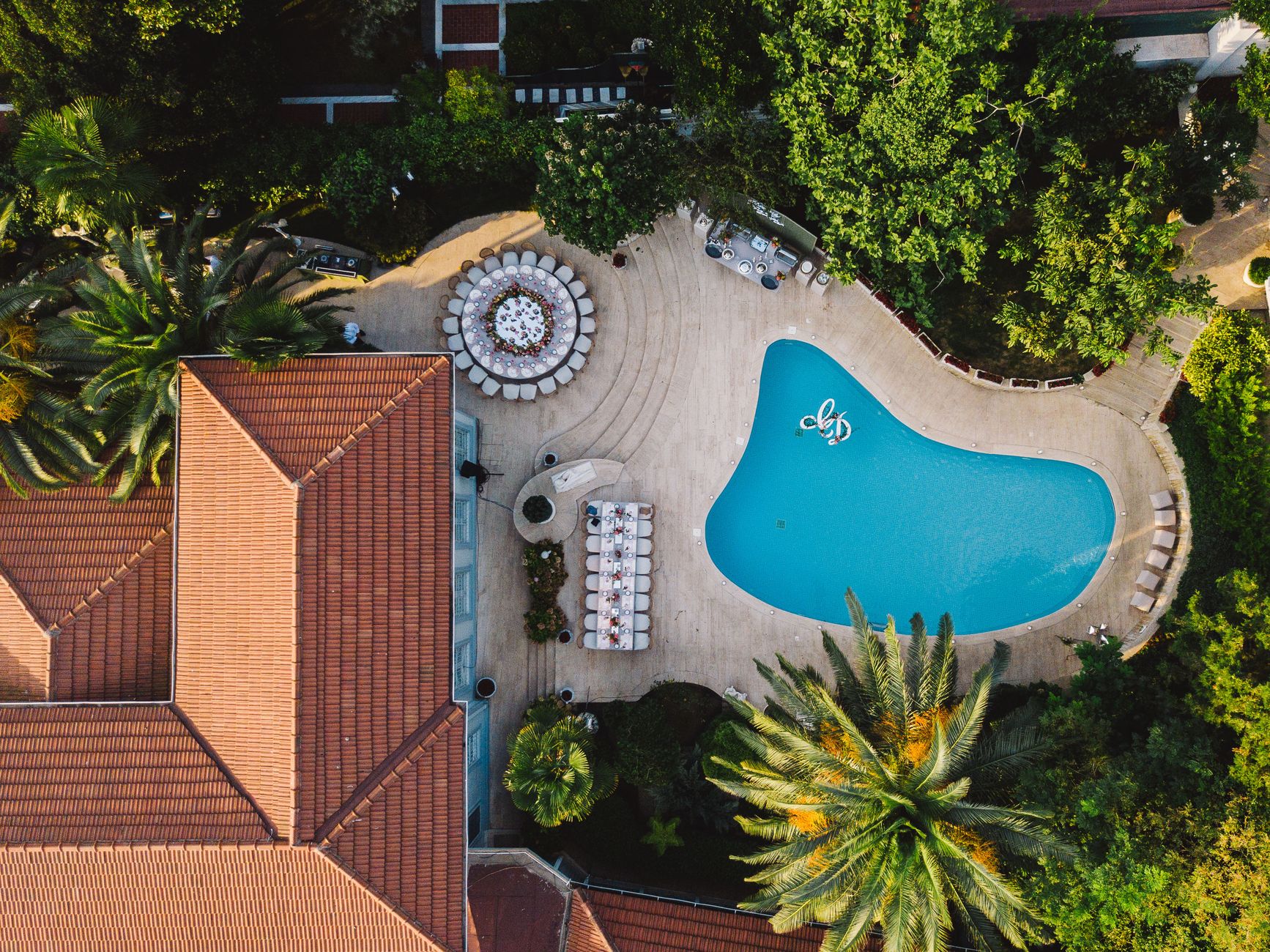 Aerial view of a villa pool